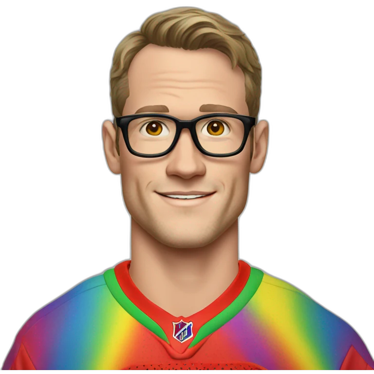 Jonathan Toews wearing glasses and rainbow clothes emoji