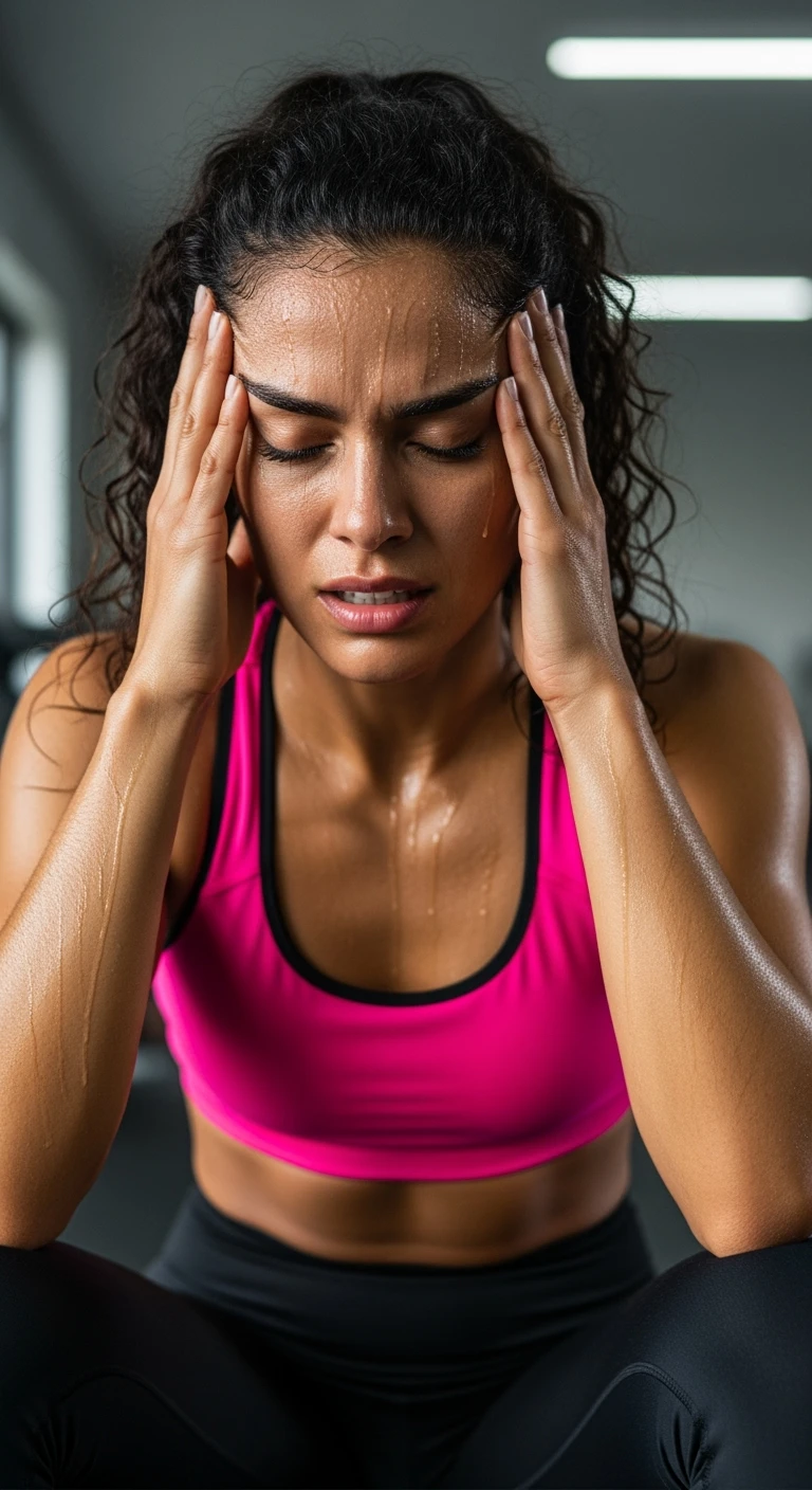 DONNA FITNESS STRESSATA CHE SI TIENE LE MANI SULLA FRONTE, IPERREALISTICA 4K emoji