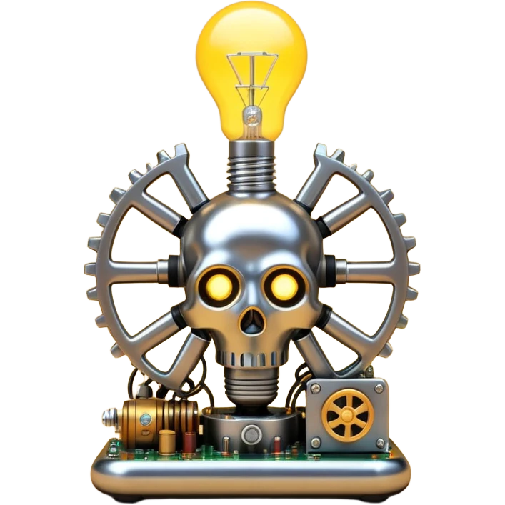science, chemicals, mechanical gears, steampunk, electronics, electric wires, light bulb, LED, resistors, circuit board, ic, physics,  nuclear model emoji