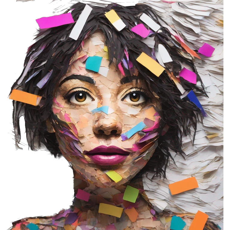 Colourful dark neon graffiti scribble scrapbook patchwork Person face portrait made entirely of multicoloured torn up magazines  emoji