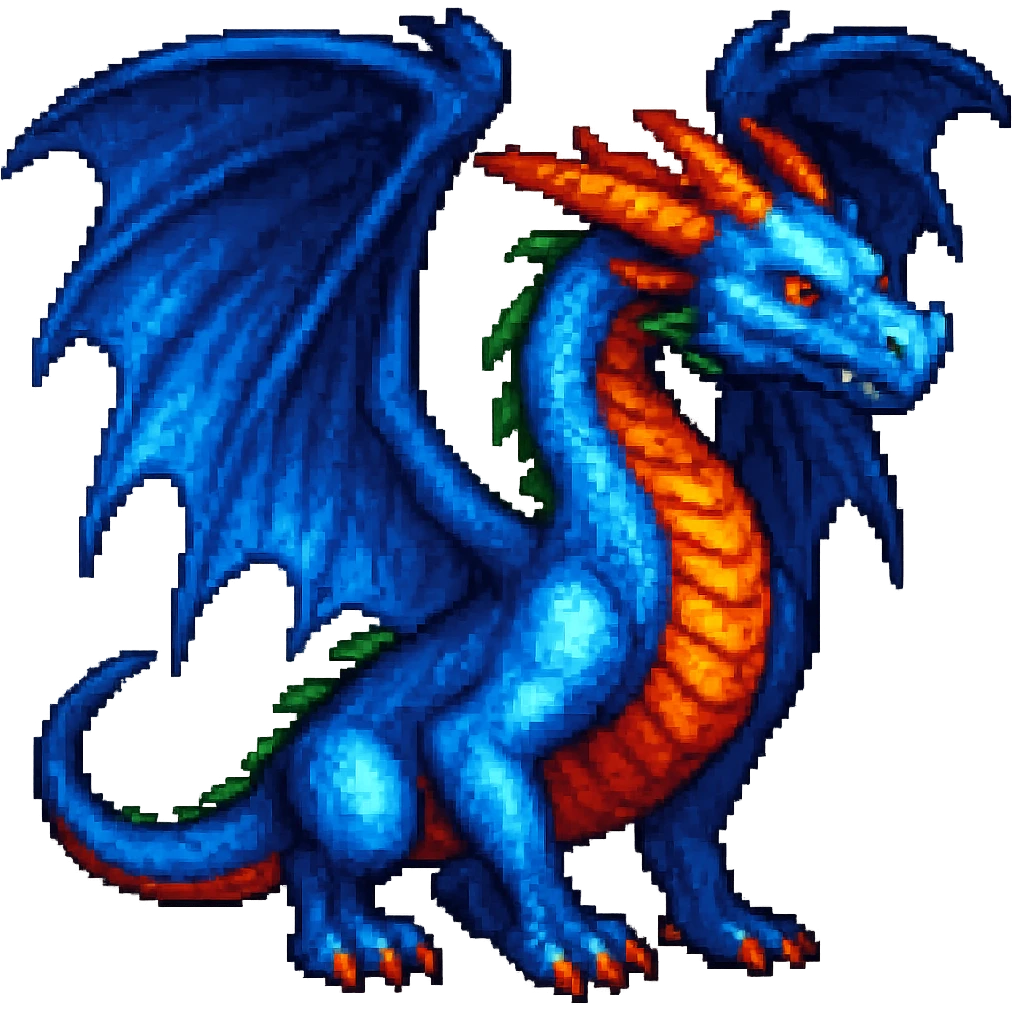 Add large, detailed wings to this fiery blue dragon, keep the style consistent with the original image, and remove the background. emoji