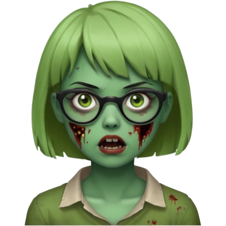 faça uma menina zumbi,da cor verde,com o cabelo curto,até o pescoço,franja,óculos pretos médios,olhos escuros,boca meio aberta e alguns machucados pelo rosto emoji