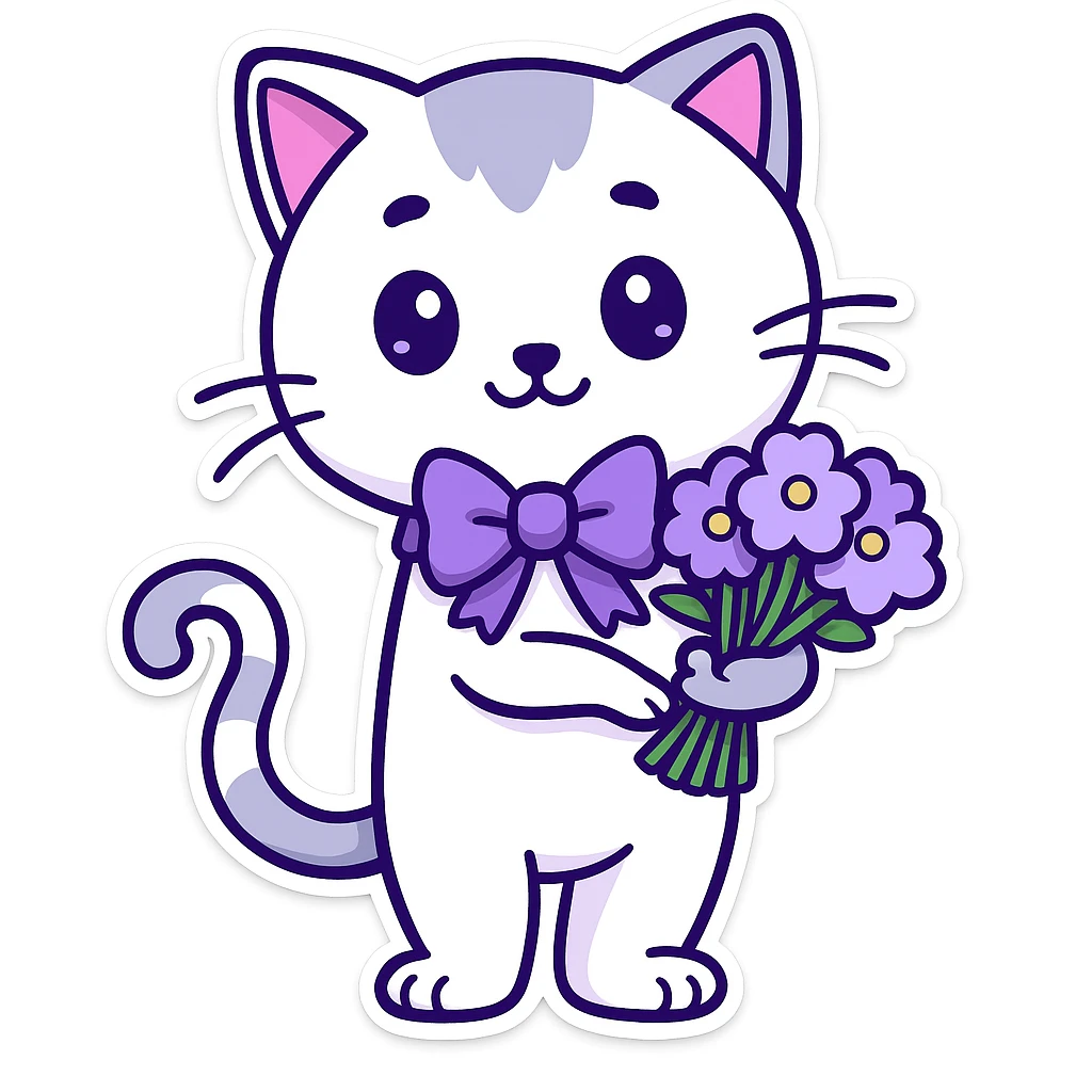 Add a cute bow around the cat's neck in the style of cartoonish stickers. emoji