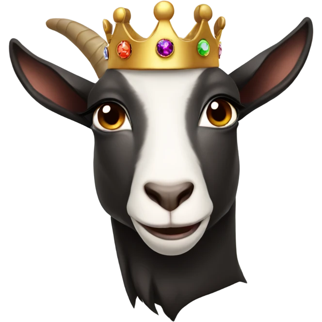 Goat wearing black hoodie and a royal crown lots of gems dark brown eyes emoji