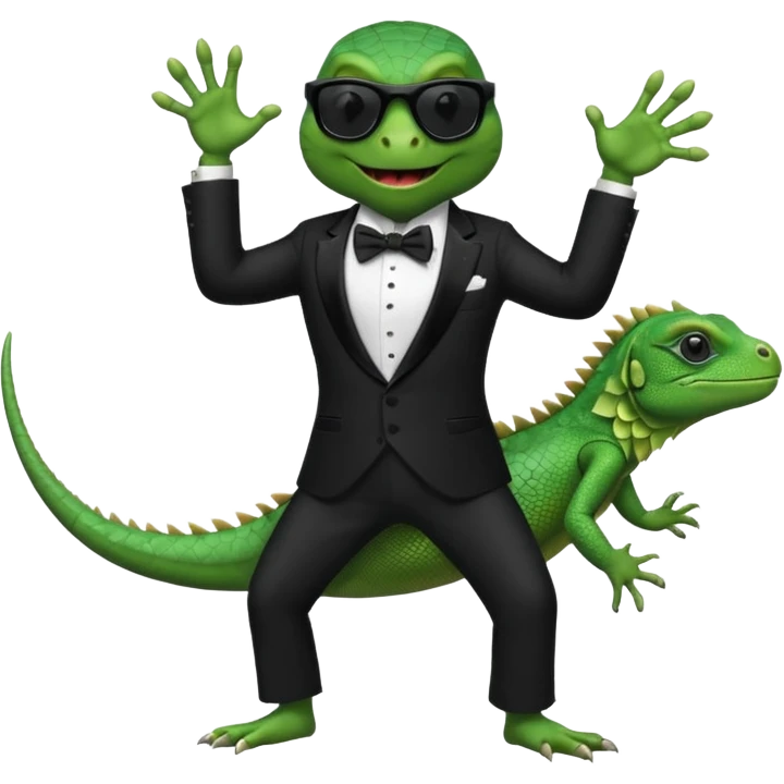 capitalist iguana banker in tuxedo and black sunglasses dancing emoji