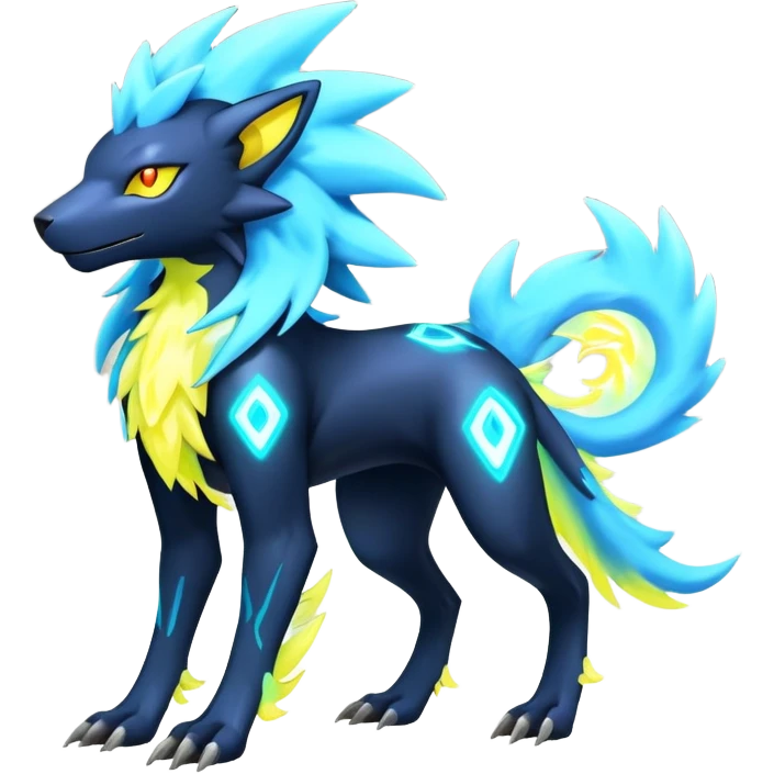  pastel dark bright vibrant futuristic lush warm-colored neon-glowing electric maned Luxray-Manectric-Fakémon-Vernid-Digimon-hybrid-creature (full body) emoji