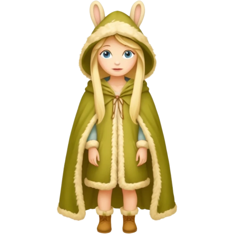 full body woman long blonde hair blue eyes white skin wearing rabbit hat and soft moss cloak emoji
