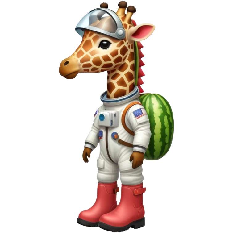 watermelon body with only the head of a giraffe poking out, wearing brown boots and an astronaut helmet emoji