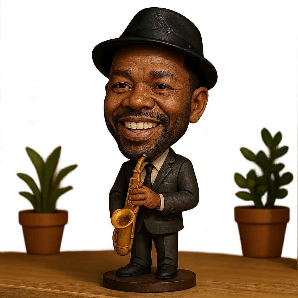 illustration of a jazz musician with a saxophone in bobblehead style emoji
