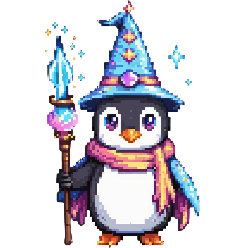 a penguin wizard with magical sparkles and a unicorn companion emoji