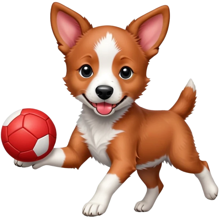 Playful red heeler puppy with tongue out, running with a ball emoji