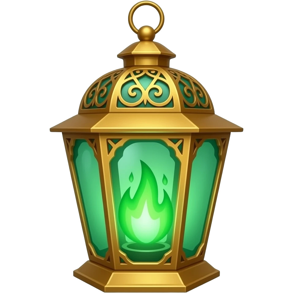 A golden hanging lantern with a bright emerald green flames, an empty loop on top, fae filigree themed, but simple focus more on the green flames, paint the glass more green emoji