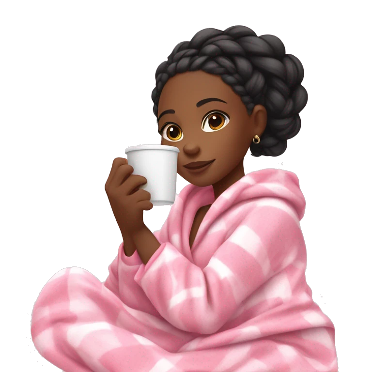 Black girl with goddess braids holding a cup of coffee while snuggling in a cozy pink blanket and cute pink and white pajamas  emoji