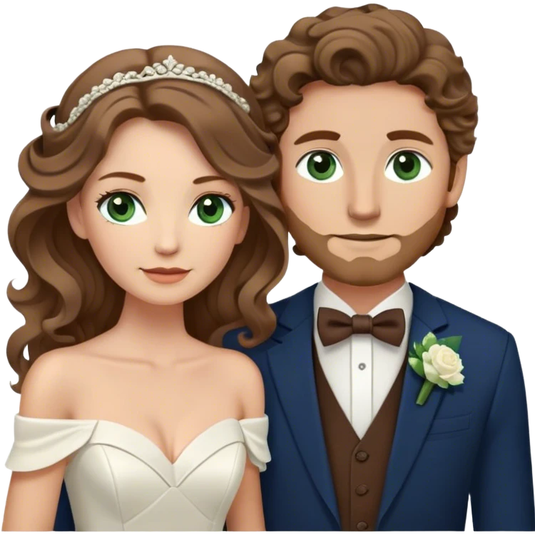 A bride and groom. Bride has brown hair with soft curls, has green eyes, wears an off shoulder dress. Groom has blond hair, dark blue eyes, wears a brown suit with a brown vest and a bolo tie. emoji