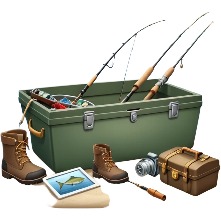 Icon for Fishing: a boat on the shore of a peaceful water body with a beautiful natural landscape, a fishing tackle box, a spinning rod, and boots nearby. The icon should capture the tranquility and gear of a fishing adventure. Transparent background. emoji