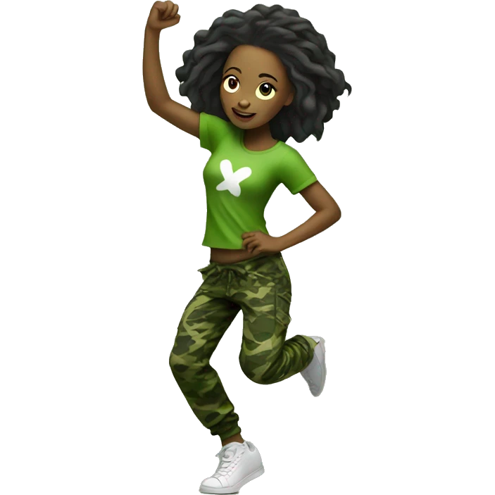 girl dancing hiphop while wearing green camouflage pants  emoji