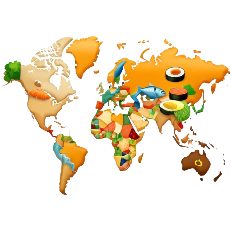 Icon for Culinary Tourism: a world map where the continents are made of various foods, like Fish - North America, sushi - Eurasia, tacos for South America, etc. The icon should represent global culinary exploration and travel. Transparent background. emoji