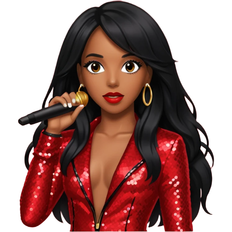 Kelly Rowland with long black hair, red sequin tour outfit  emoji