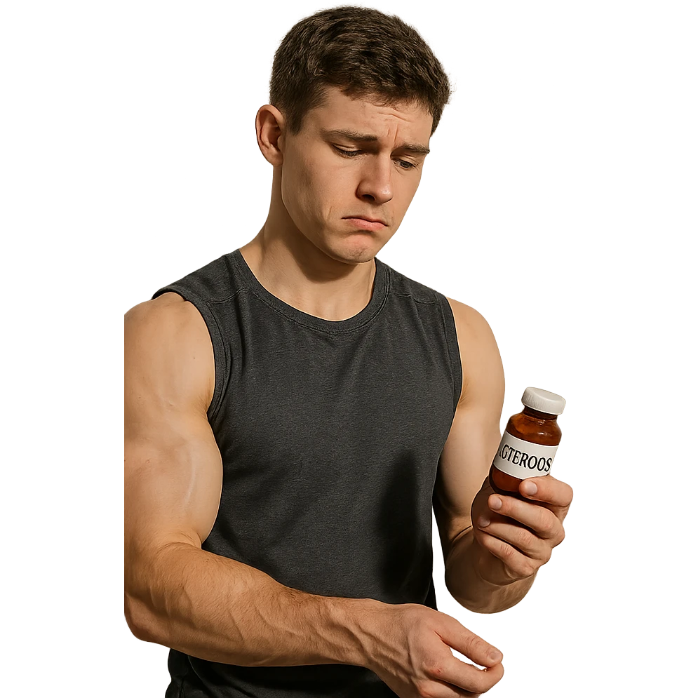young athlete receiving advice from more experienced friend shown as shadow or silhouette, growing muscles, doubtful look, anabolic steroid bottle in hand, realistic details, isolated on white background emoji