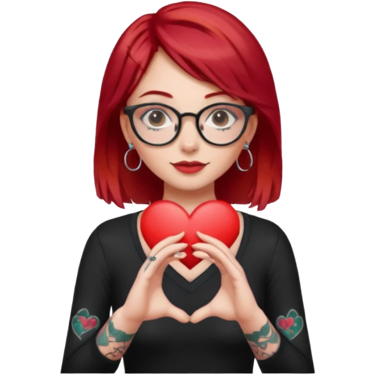 Beautiful girl, with glasses, red hair, tall, slim, with tattoos and small piercing, showing heart with hands emoji