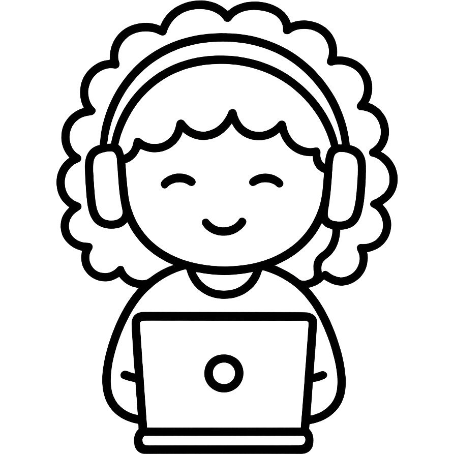 hand drawn outline icon of a curly hair girl with headphones and a laptop emoji