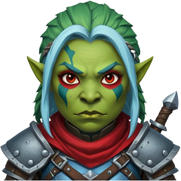 Fantasy Christmas orc legion soldier icon, iron tundra army theme, heavy winter armor, disciplined brutal look, dark icy steel armor with bold crimson cloth and markings, cold blue shadows, high contrast, clean emoji portrait style, female variant emoji