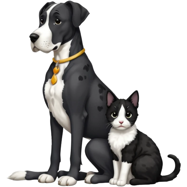 Large Black and white great dane dog sitting with a small black and white cat emoji