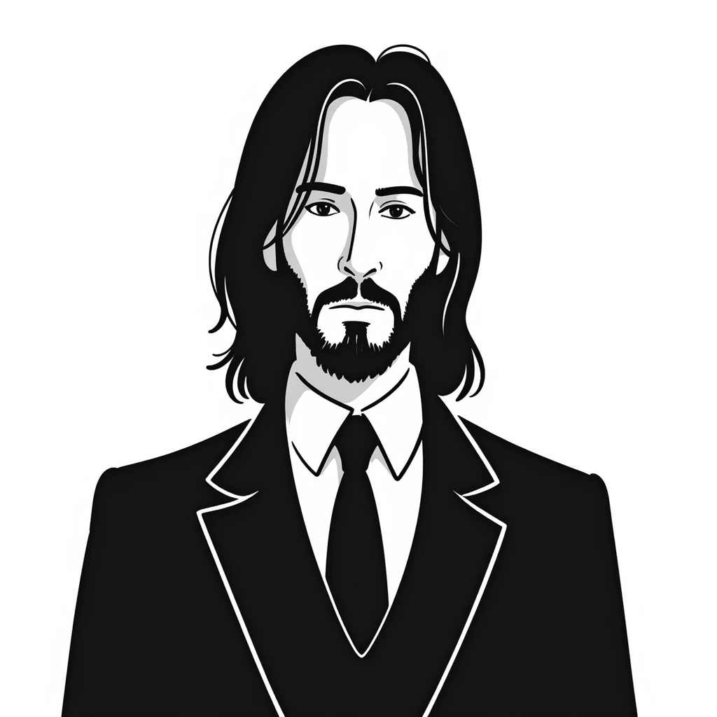 John Wick character in pencil sketch style, wearing a black suit with long dark hair and beard emoji