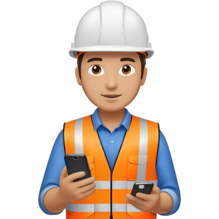 Telecoms engineer in orange hi vis with white hard hat and phone emoji