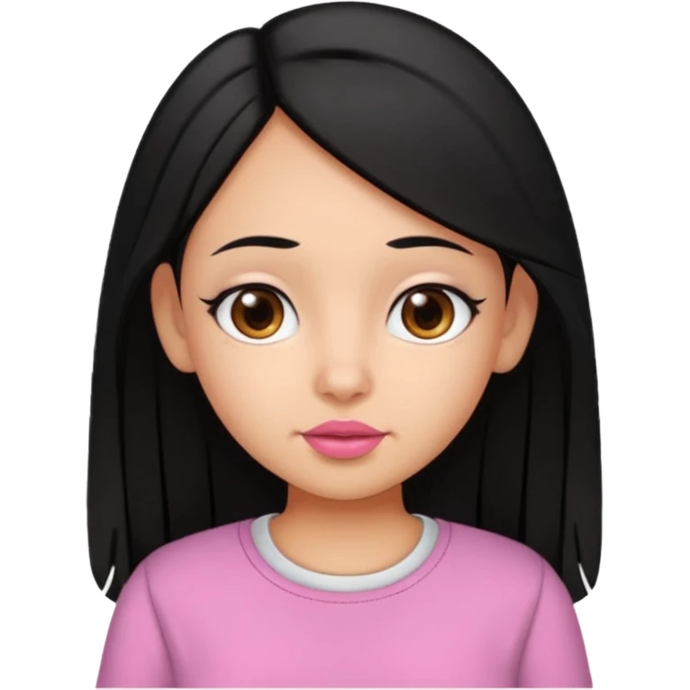 Gordita, ojos pequeños de color cafe oscuro, labios pequeños y rosados, piel trigueña, orejas pequeñas, cabello largo lazio y negro, pequeña. emoji