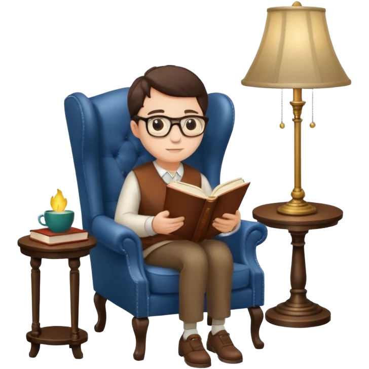peruse at your leisure, person reading with small glasses in a wingback chair next to a lamp emoji