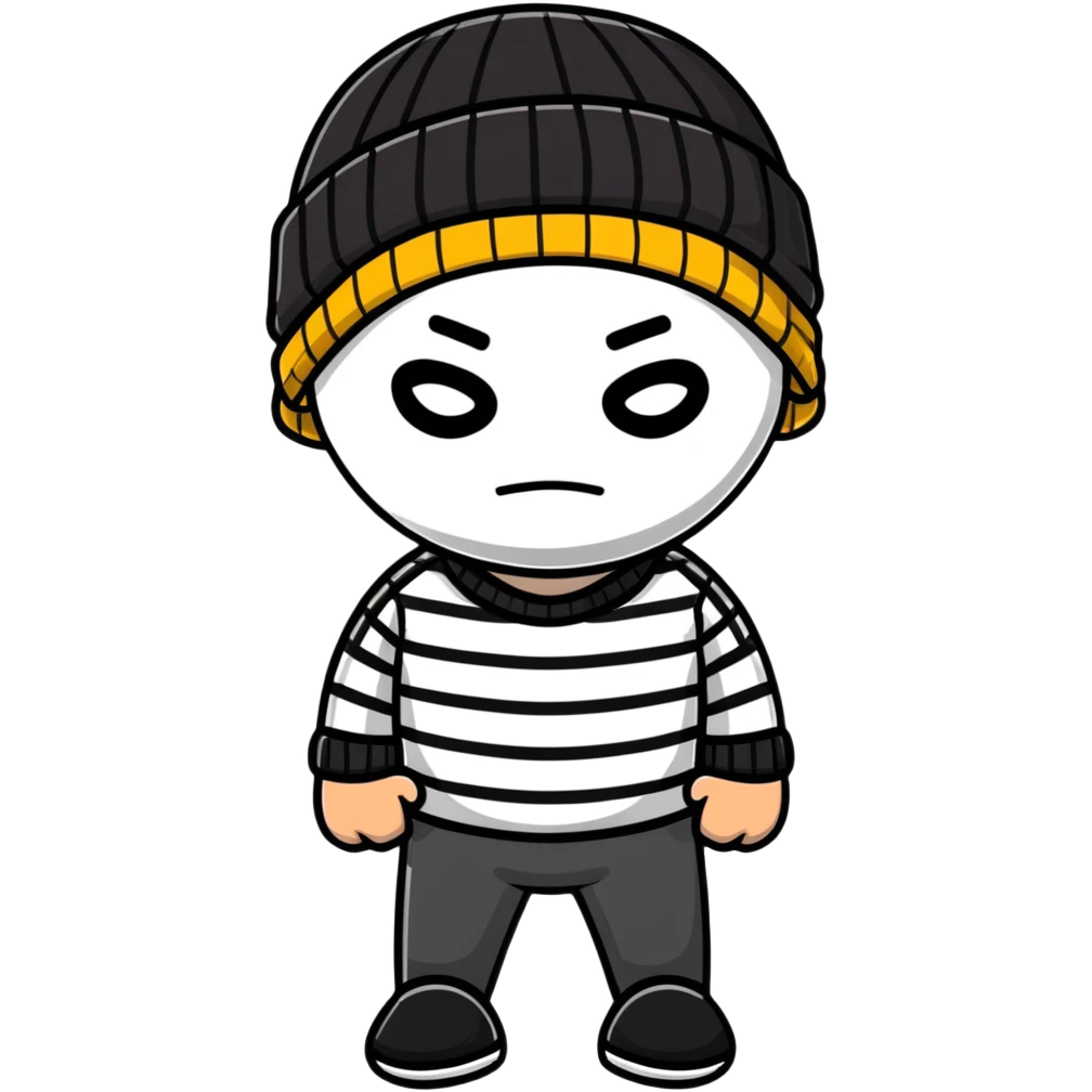 character with black and white striped shirt, black beanie, black mask over eyes emoji