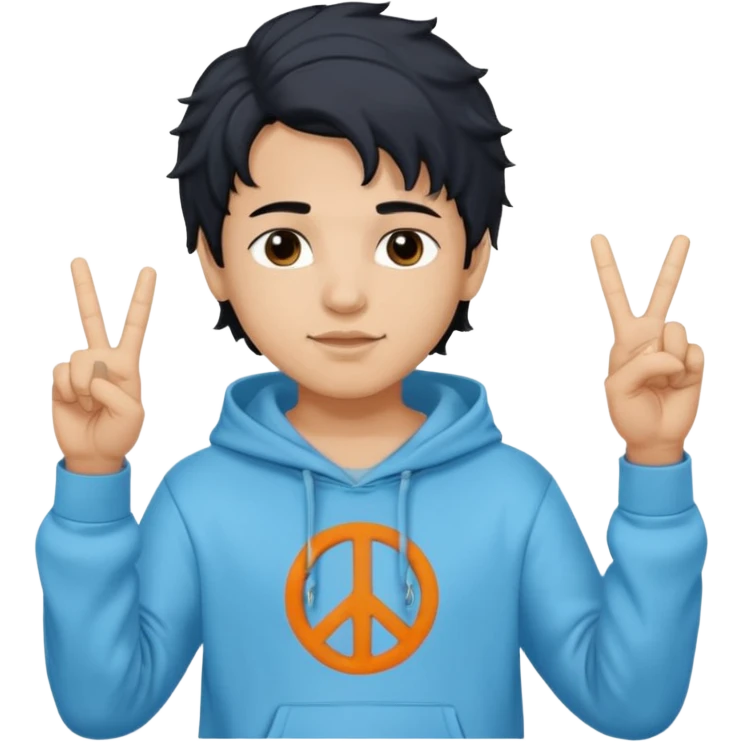 An indian boy in a light blue hoodie with wavy flow hairstyle showing peace sign, with black hair color emoji