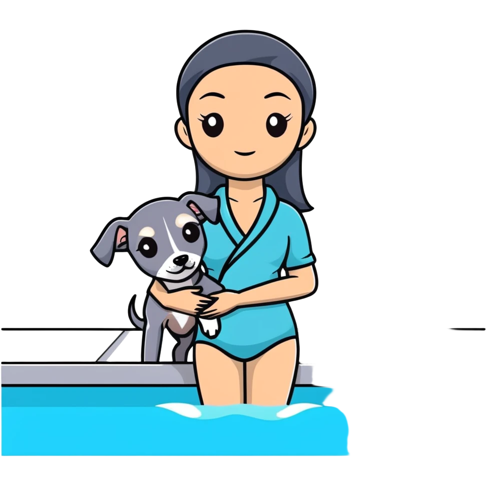 Very thin and slim Chinese woman with long black hair in pool attire at an indoor swimming pool with her Italian greyhound that is COMPLETELY solid dark grey with ABSOLUTELY ZERO white markings anywhere - 100% uniform dark grey color only emoji