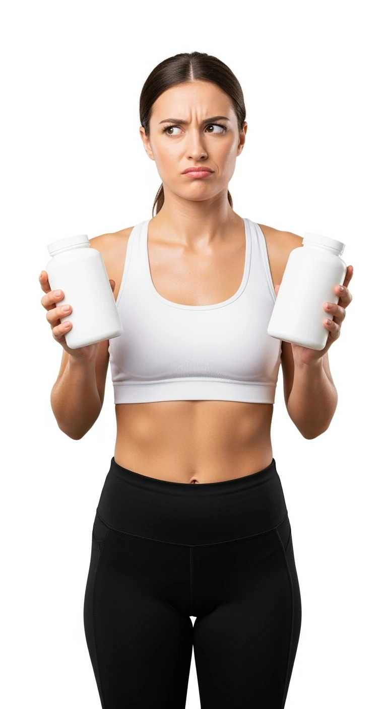 DONNA FITNESS ITALIANA INDECISA TRA DUE  BOCCETTE DI INTEGRATORI BIANCHE CHE HA IN MANO ED ESPRESSIONE DUBBIOSA IN VOLTO, REALISTICA 4K, ISOLATA SU SFONDO BIANCO emoji