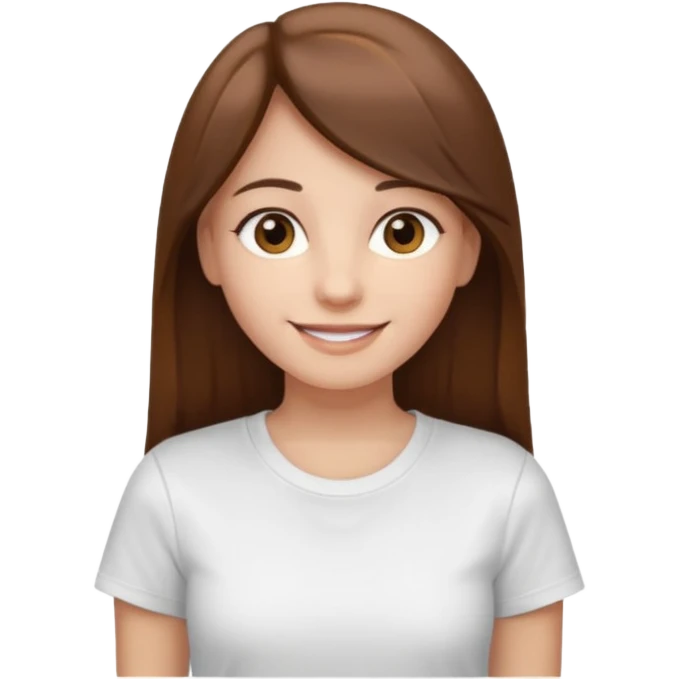 Chica de pelo liso ,largo y marrón con ojos color marrón claro y una camiseta blanca y la piel blanca emoji