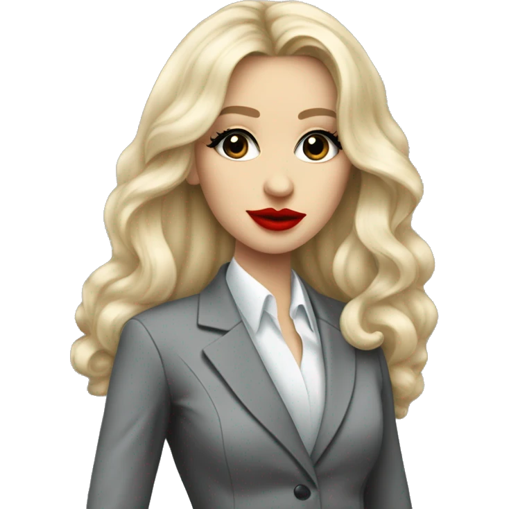 Russian Blonde long hair with big red lips small nose and black eyes Tiffany diamond seller in a grey suit emoji