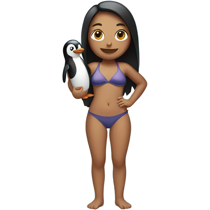 Girl in a swimsuit holding a penguin emoji