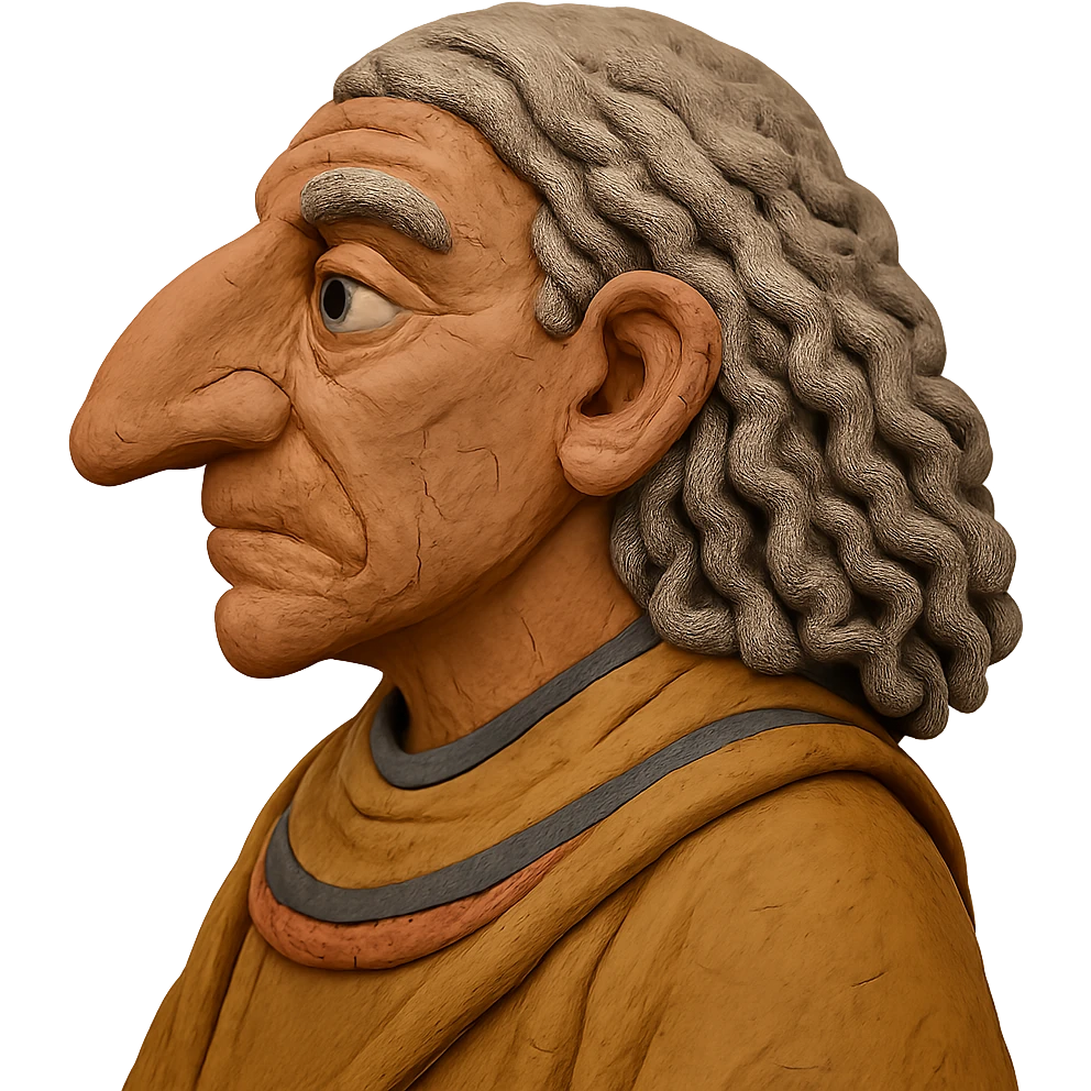 claymation style profile portrait of an Egyptian historian with long curly grey hair, wearing an Egyptian cloak, large aquiline nose emoji
