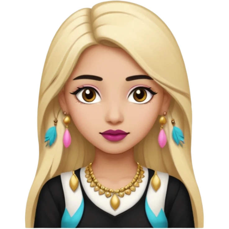 Sweet Indian girl blond long hair darkbrow  eyes brown/pink lipstick blush, black top gold earrings, brown eyebrows  emoji