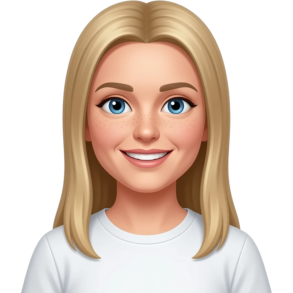 36 year old smiling woman with irish blue eyes, pale skin with moles, thin face, high forehead,  and long, straight, blonde hair with middle parting wearing a white t-shirt emoji