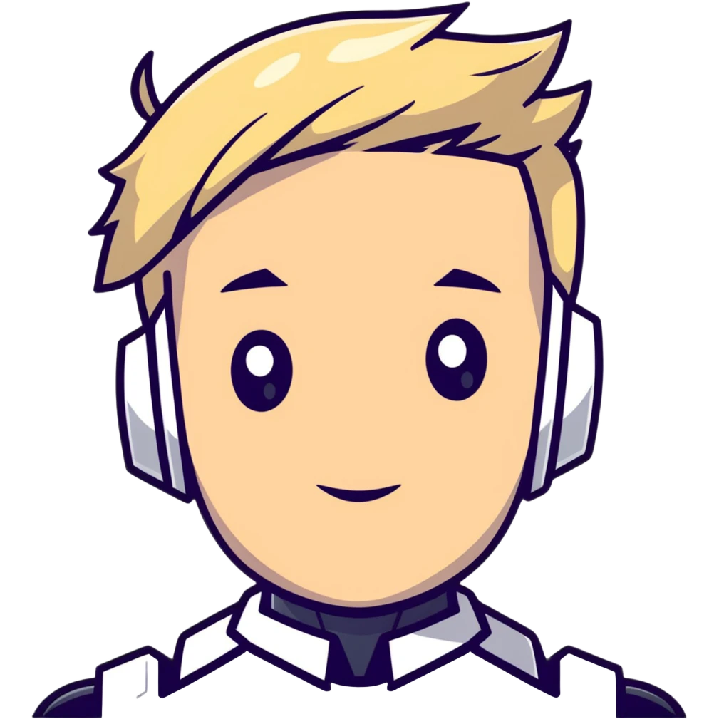 Male robot face with blond hair, sharp features, neutral expression, white collar, futuristic assistant emoji