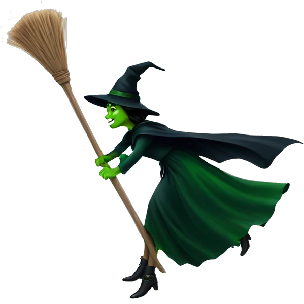 Elphaba flying with broom emoji