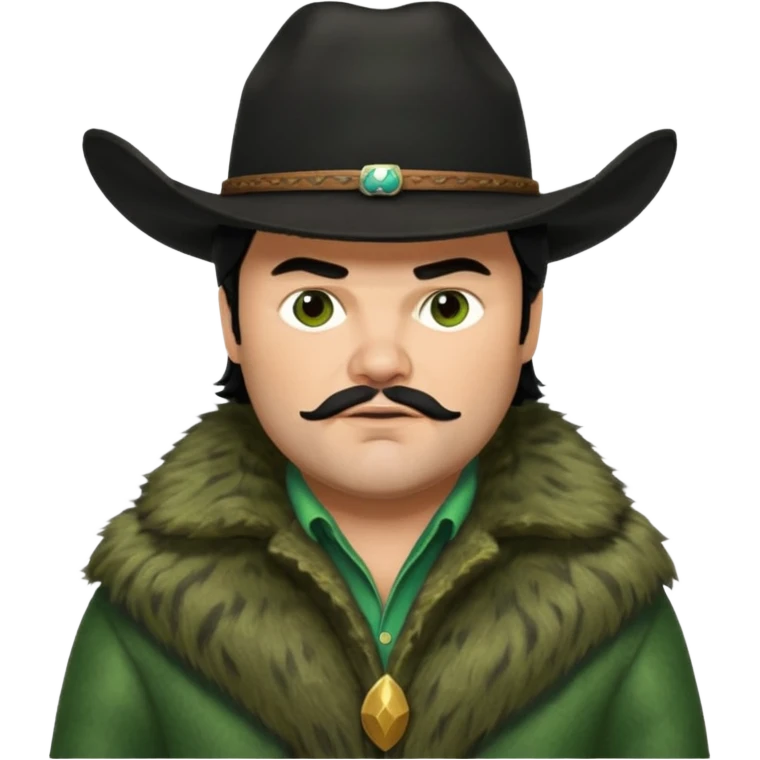 jack black haired cowboy in green fur coat with black hat emoji