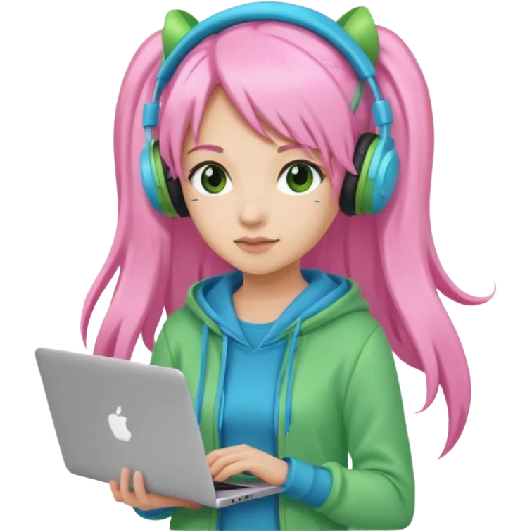 Create an emoji of a woman with long pink twin-tail hair. She is a game streamer, wearing green headphones, holding a MacBook, and dressed in a blue outfit. emoji