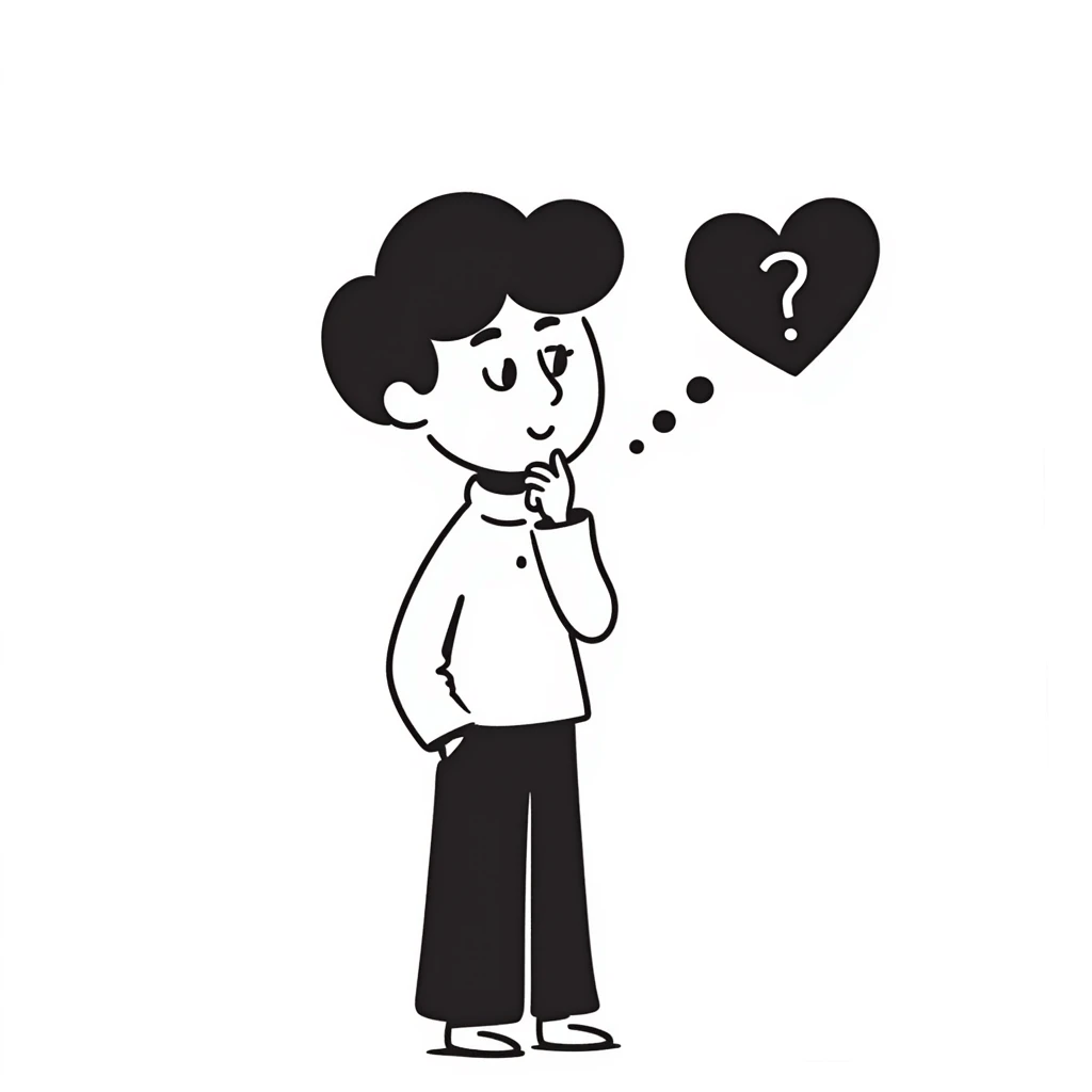 boy with hand on chin, thought bubble with a heart and question mark, simple lines emoji