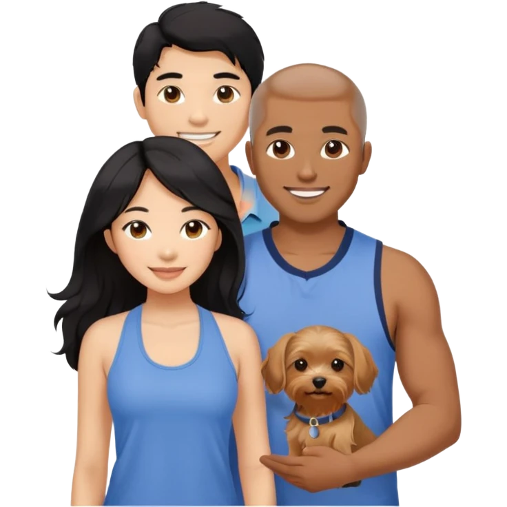 A pretty Asian girl with long, luscious wavy black hair (loose, no hair tie), wearing a sleeveless halter top. She is standing beside a brown-skinned man with a middle part haircut, who is wearing a polo shirt. They are both smiling and holding a small Yorkshire Terrier together. emoji