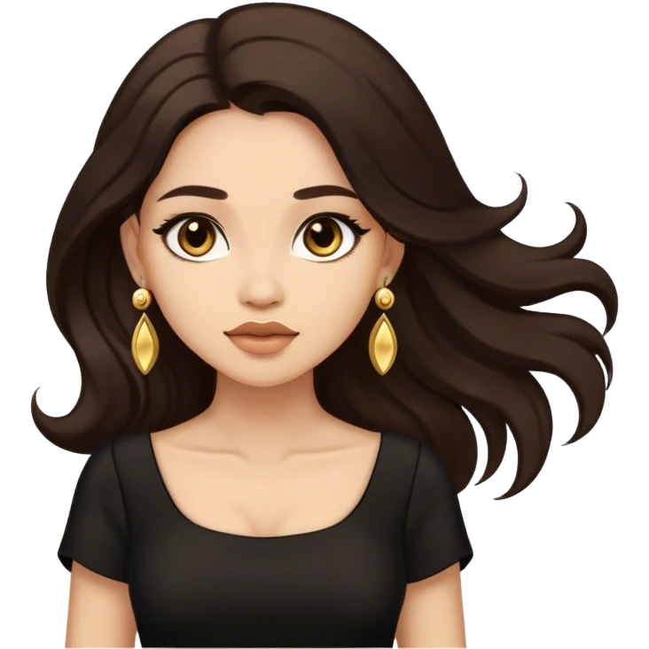 Beautiful woman,cute, long dark brown hair in dark dress with gold earrings emoji