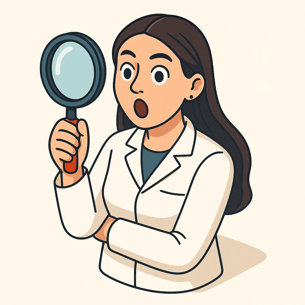 Front view of a female doctor with dark long straight hair and detailed brown eyes (not just dots), wearing a white coat, in 2D isometric style with a minimalist background. She is looking straight into the camera through a magnifying glass with a surprised facial expression. Appearance matches the reference. emoji