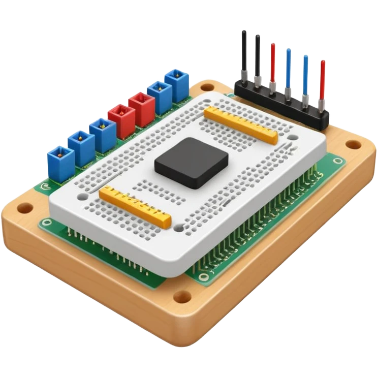 emoji-style icon of a breadboard with a microcontroller, wires connecting to an LED and a sensor, symbolizing a typical physical computing setup, simple and schematic emoji